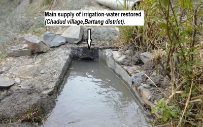 Project 18: Donation Cost US$7500. In Chadud, Rushan District, UBBdonated pipe materials to install a pipeline to bypass a channel section that every year collapsed in winter due to heavy snow fall.